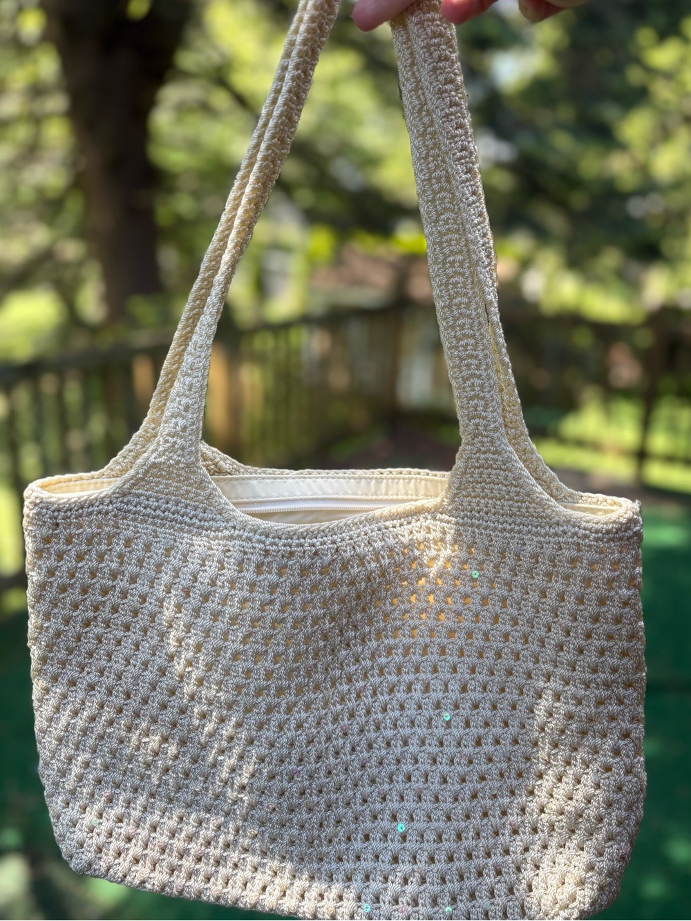 The Sak Crochet Shoulder Bag - Beige/Cream with Iridescent Sequins